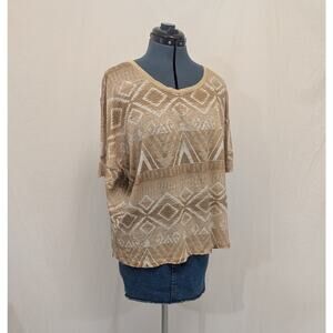 Vintage 100% Linen Geometric Short Sleeve Top, Size XL